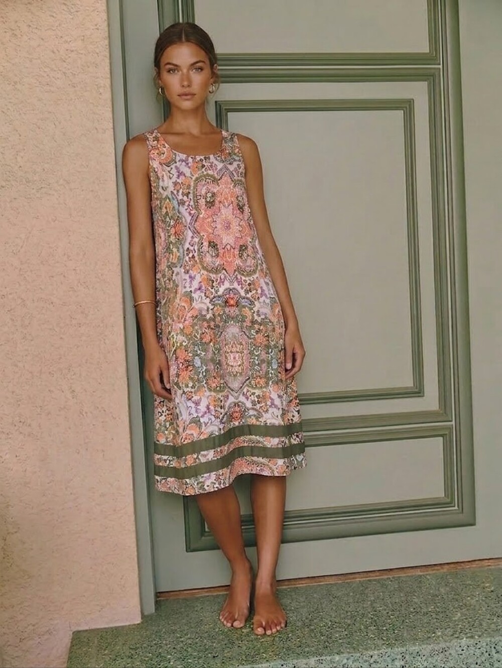 Ellen Tracy Sleeveless Paisley Boho Summer Swing Dress Keyhole Back Size Small